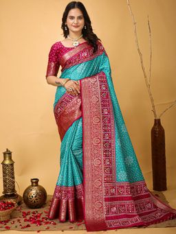 Akhilam - Womens Dola Silk Turquoise Printed Saree with Unstitched Blouse