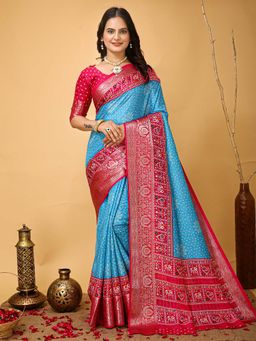 Akhilam - Womens Dola Silk Blue Printed Saree with Unstitched Blouse