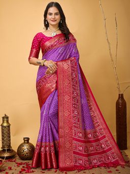 Akhilam - Womens Dola Silk Purple Printed Saree with Unstitched Blouse