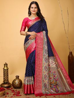 Akhilam - Womens Silk Blend Navy Blue Printed Saree with Unstitched Blouse
