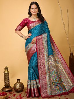 Akhilam - Womens Silk Blend Blue Printed Saree with Unstitched Blouse