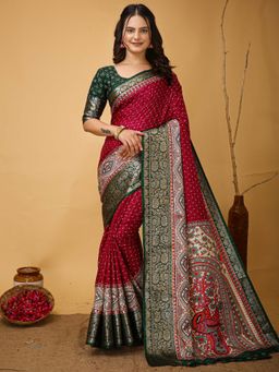 Akhilam - Womens Silk Blend Maroon Printed Saree with Unstitched Blouse