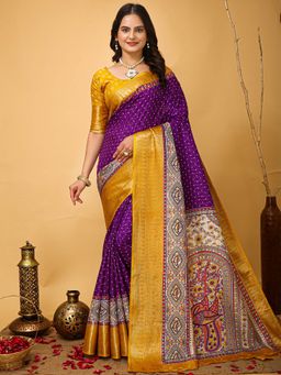 Akhilam - Womens Silk Blend Purple Printed Saree with Unstitched Blouse