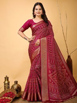 Akhilam - Womens Dola Silk Pink Printed Saree with Unstitched Blouse