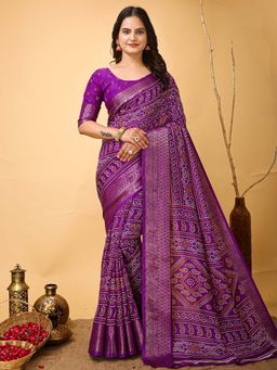 Akhilam - Womens Dola Silk Purple Printed Saree with Unstitched Blouse