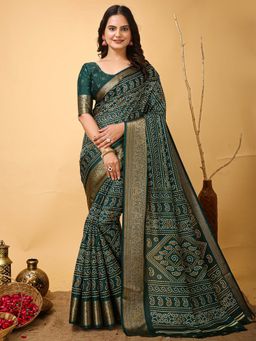 Akhilam - Womens Dola Silk Green Printed Saree with Unstitched Blouse