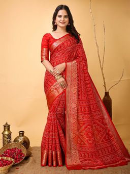 Akhilam - Womens Dola Silk Red Printed Saree with Unstitched Blouse