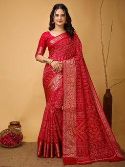 Akhilam - Womens Dola Silk Red Printed Saree with Unstitched Blouse