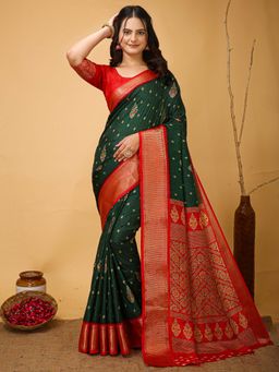 Akhilam - Womens Silk Blend Green Saree with Unstitched Blouse