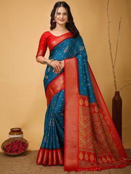 Akhilam - Womens Silk Blend Blue Saree with Unstitched Blouse