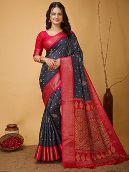 Akhilam - Womens Silk Blend Grey Saree with Unstitched Blouse