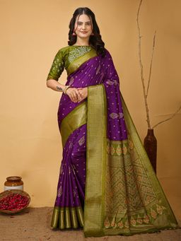 Akhilam - Womens Silk Blend Purple Saree with Unstitched Blouse