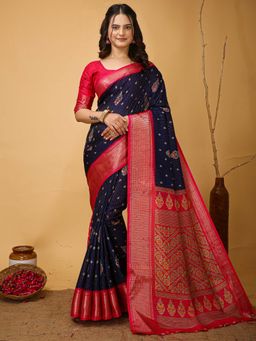 Akhilam - Womens Silk Blend Navy Blue Saree with Unstitched Blouse