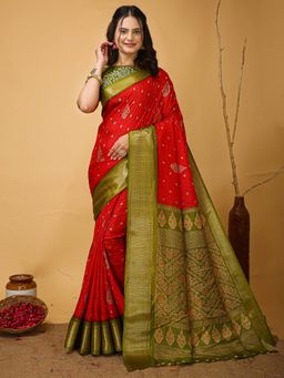 Akhilam - Womens Silk Blend Red Saree with Unstitched Blouse