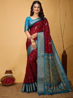 Akhilam - Womens Silk Blend Maroon Saree with Unstitched Blouse