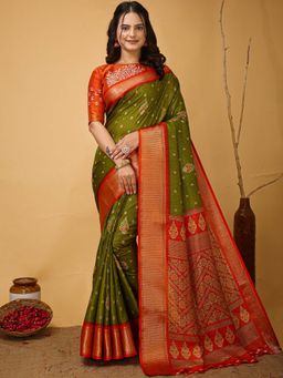 Akhilam - Womens Silk Blend Olive Saree with Unstitched Blouse