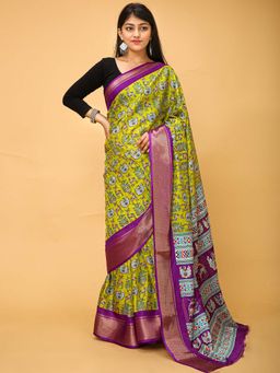Akhilam - Womens Silk Blend Magenta Printed Saree with Unstitched Blouse