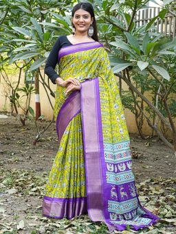 Akhilam - Womens Silk Blend Purple Printed Saree with Unstitched Blouse