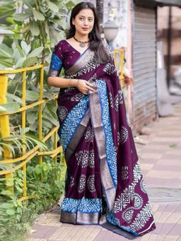 Akhilam - Womens Dola Silk Purple Printed Saree with Unstitched Blouse