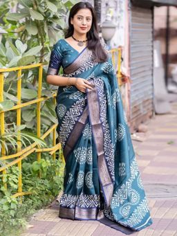 Akhilam - Womens Dola Silk Teal Blue Printed Saree with Unstitched Blouse