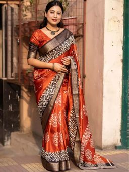 Akhilam - Womens Dola Silk Rust Printed Saree with Unstitched Blouse