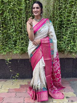 Akhilam - Womens Dola Silk Pink Printed Saree with Unstitched Blouse