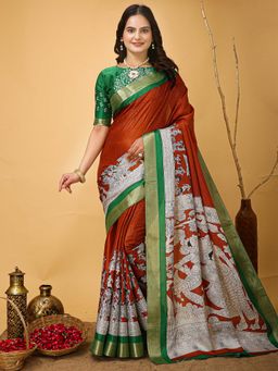 Akhilam - Womens Cotton Blend Rust Printed Saree with Unstitched Blouse