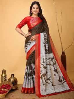 Akhilam - Womens Cotton Blend Brown Printed Saree with Unstitched Blouse