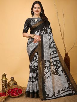 Akhilam - Womens Cotton Blend Black Printed Saree with Unstitched Blouse