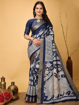 Akhilam - Womens Cotton Blend Navy Blue Printed Saree with Unstitched Blouse