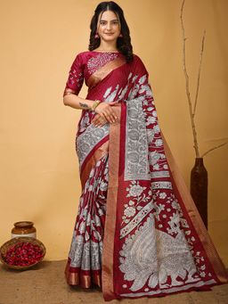 Akhilam - Womens Cotton Blend Maroon Printed Saree with Unstitched Blouse