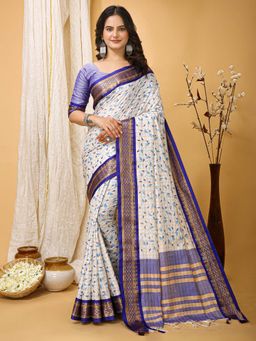 Akhilam - Womens Silk Blend Purple Printed Saree with Unstitched Blouse