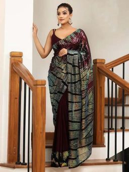 Akhilam - Womens Georgette Maroon Embellished Saree with Unstitched Blouse