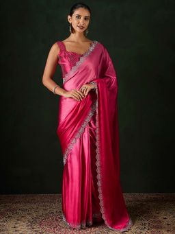 Akhilam - Womens Satin Silk Pink Embellished Saree with Unstitched Blouse