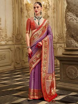 Akhilam - Womens Silk Blend Purple Woven Design Saree with Unstitched Blouse