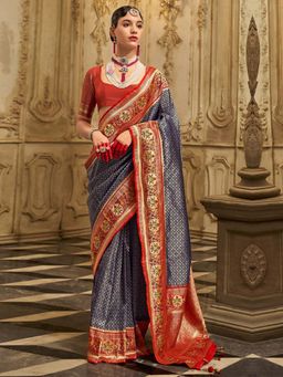 Akhilam - Womens Silk Blend Navy Blue Woven Design Saree with Unstitched Blouse
