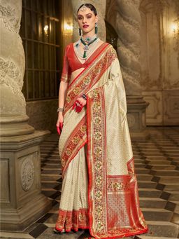 Akhilam - Womens Silk Blend Off White Woven Design Saree with Unstitched Blouse