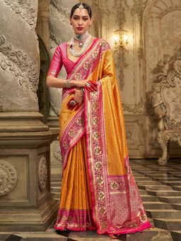 Akhilam - Womens Silk Blend Mustard Woven Design Saree with Unstitched Blouse