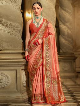 Akhilam - Womens Silk Blend Peach Woven Design Saree with Unstitched Blouse