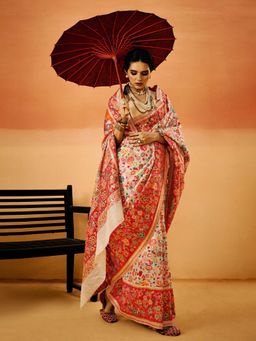 Akhilam - Womens Cotton Silk Cream Woven Design Saree with Unstitched Blouse