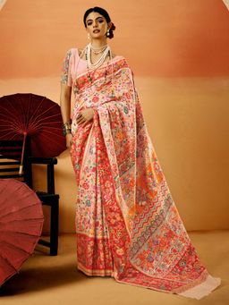Akhilam - Womens Cotton Silk Peach Woven Design Saree with Unstitched Blouse