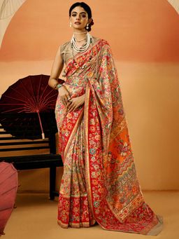 Akhilam - Womens Cotton Silk Beige Woven Design Saree with Unstitched Blouse