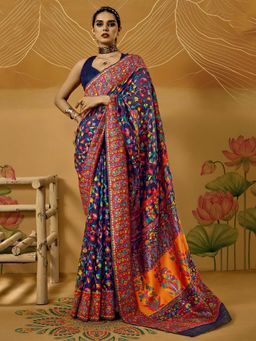 Akhilam - Womens Cotton Silk Navy Blue Woven Design Saree with Unstitched Blouse