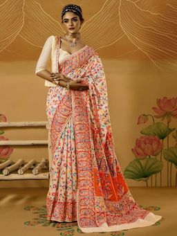 Akhilam - Womens Cotton Silk Cream Woven Design Saree with Unstitched Blouse