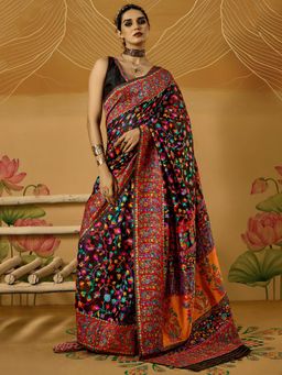 Akhilam - Womens Cotton Silk Black Woven Design Saree with Unstitched Blouse