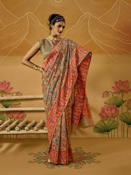 Akhilam - Womens Cotton Silk Beige Woven Design Saree with Unstitched Blouse
