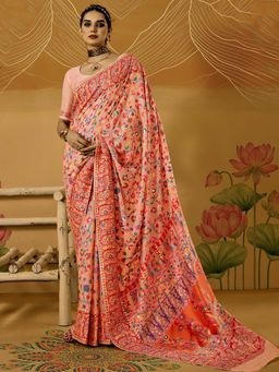 Akhilam - Womens Cotton Silk Peach Woven Design Saree with Unstitched Blouse
