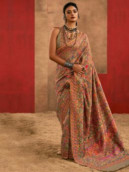Akhilam - Womens Cotton Silk Beige Woven Design Saree with Unstitched Blouse