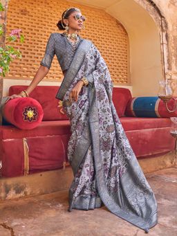 Akhilam - Womens Silk Blend Grey Printed Saree with Unstitched Blouse