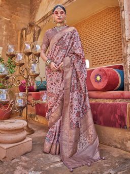 Akhilam - Womens Silk Blend Mauve Printed Saree with Unstitched Blouse